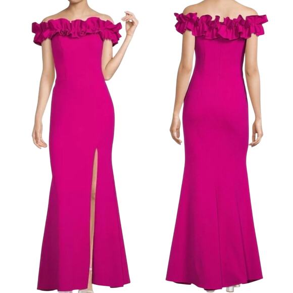 Xscape Ruffled Off Shoulder Gown Crepe High Leg Slit Maxi Dress Magenta Pink 2 - Picture 1 of 8